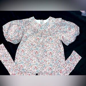 Janie and Jack Pink White Floral Ruffle Collared Top with matching leggings.